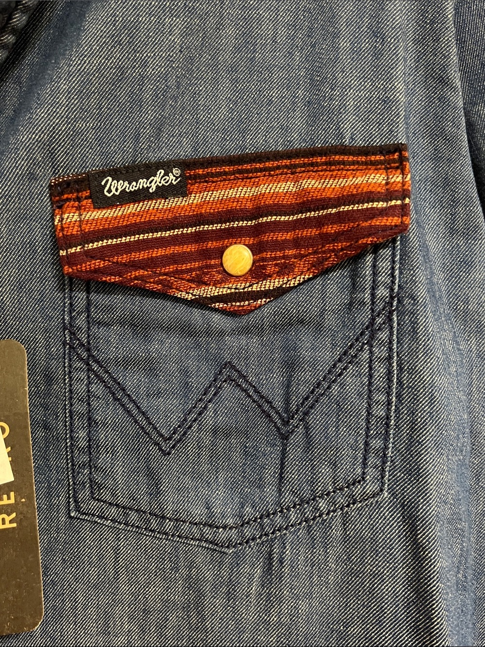 Wrangler Blue Denim Western Button-Down Shirt with Rust Yoke - Picture 6 of 9